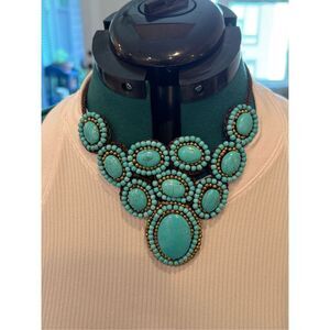 Anthropologie turquoise beaded and brown crochet statement necklace